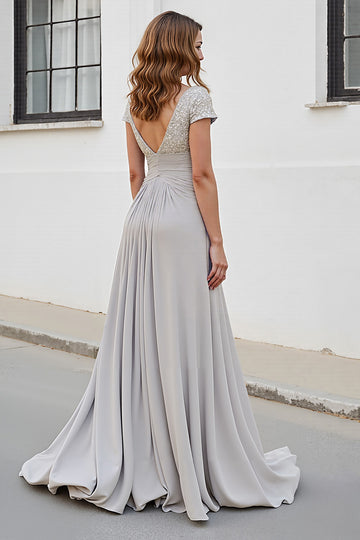 Silver A Line Ruched Long Mother of the Bride Dress